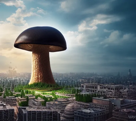 Image similar to a city built upside down from a cap of a giant mushroom. highly detailed 8 k. intricate. lifelike. soft light. nikon d 8 5 0. cinematic post - processing