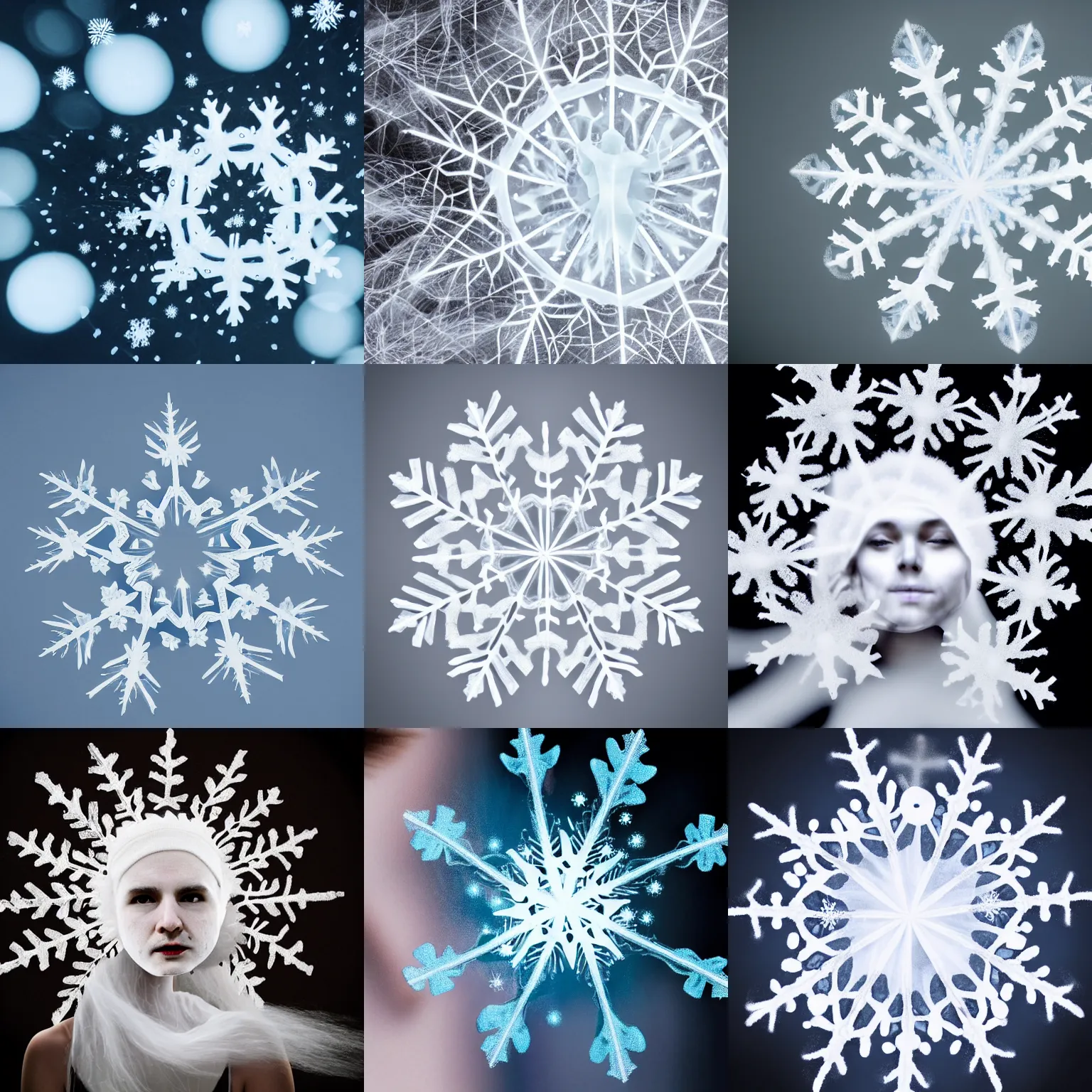 Prompt: surreal photography silk snowflake with a ghostly white human face