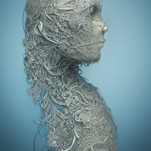 Image similar to beatifull face portrait of a woman, 150 mm, anatomical, flesh, flowers, mandelbrot fractal, facial muscles, veins, arteries, intricate, golden ratio, full frame, microscopic, elegant, highly detailed, ornate, ornament, sculpture, elegant , luxury, beautifully lit, ray trace, unreal, 3d, PBR, in the style of peter Gric , alex grey and Romero Ressendi