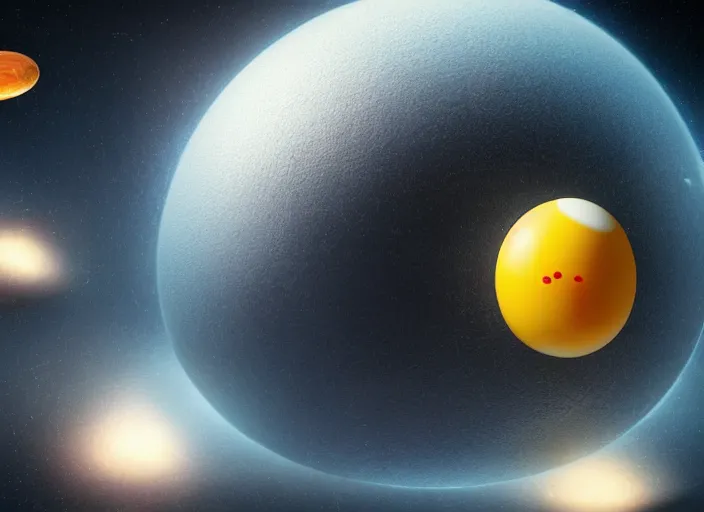 Image similar to 3d render of a fried egg shaped planet flowing and flying through interstellar deep space depicted by Hieronymus Bosch, horror element, octane render