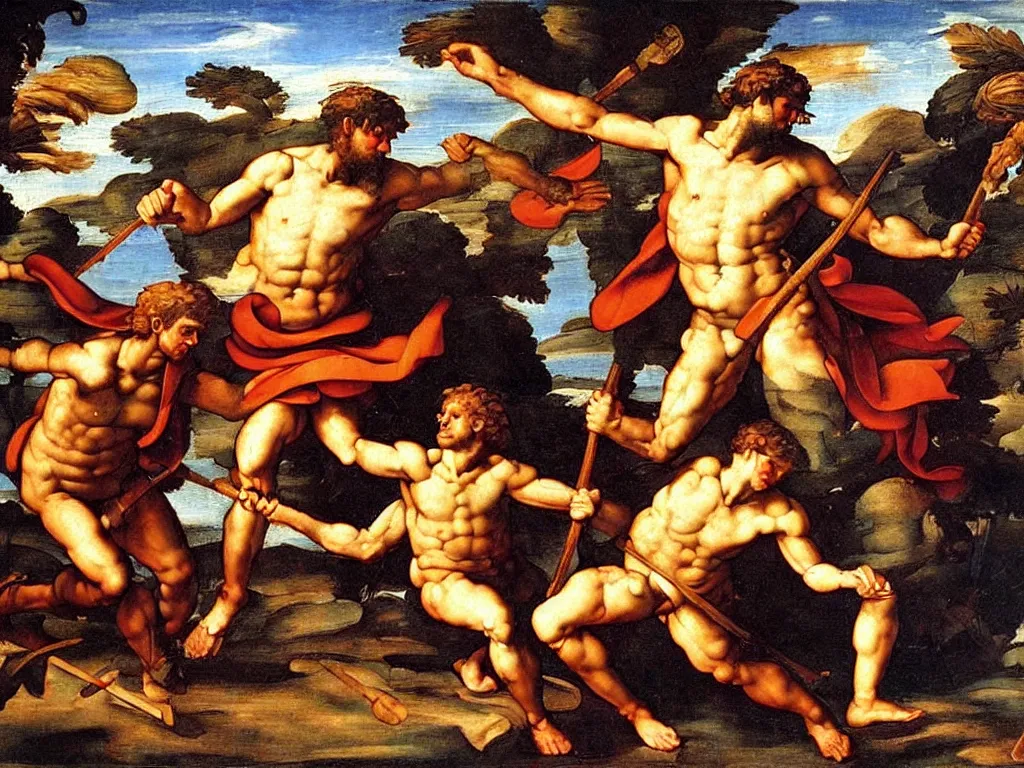 Prompt: Cain with a spear vs Abel by Michelangelo, mythological painting, oil painting