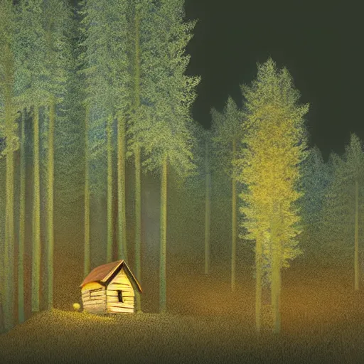 Prompt: highly detailed landscape of a small cabin in a forest at the start of a mountain, at night, full moon, digital art