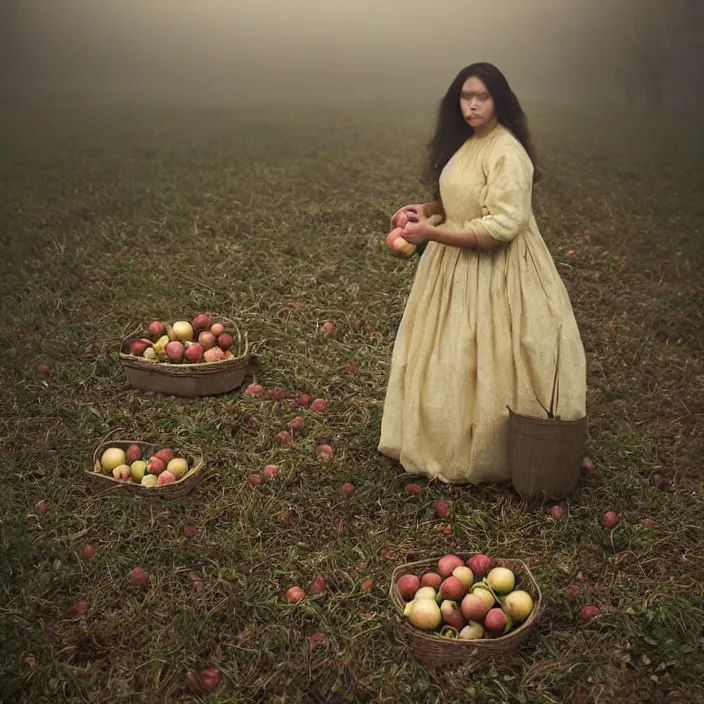 Prompt: a closeup portrait of a woman wearing a dress made of sponges and human hair, picking apples from a tree in an orchard, foggy, moody, photograph, by vincent desiderio, canon eos c 3 0 0, ƒ 1. 8, 3 5 mm, 8 k, medium - format print