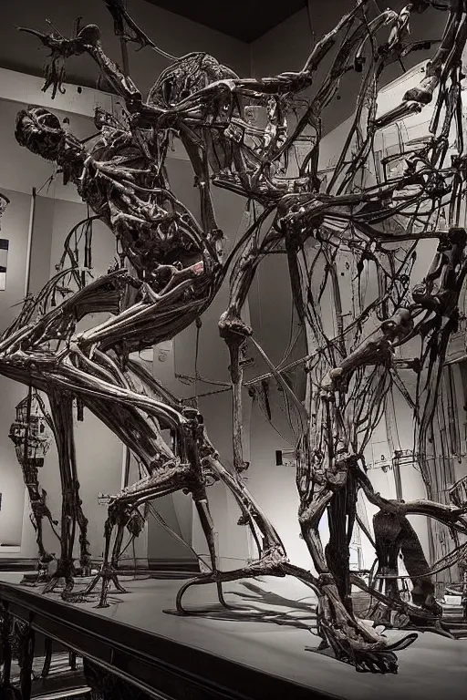 Image similar to inside a museum, a room where anatomical flesh body parts are piece of arts at night biomechanical, filth and grim, wires and strings, very detailed, ultra realistic photography, grainy image