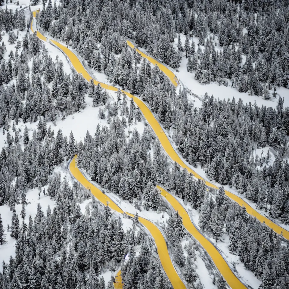 Image similar to a road leading to a mid-century modern house on top of a cliff in the arctic, covered with snow, designed by Frank Gehry, with a long pathway toward it. Big tiles. Film grain, cinematic, yellow hue