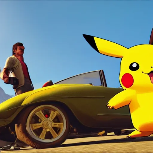 Image similar to pikachu and antonio banderas in gta 5 8 k resolution hyperdetailed photorealism