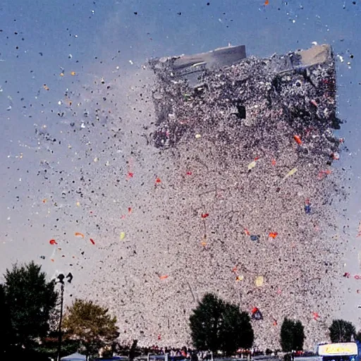 Image similar to twin towers 9/11 plane crash with confetti explosion