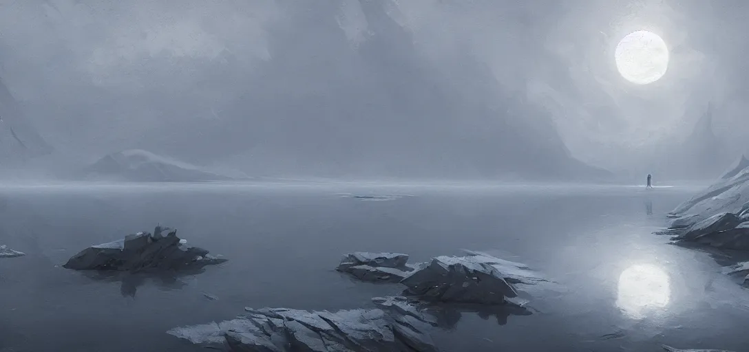 Prompt: lake in a totally white place with a moon in style of greg rutkowski, trending on artstation