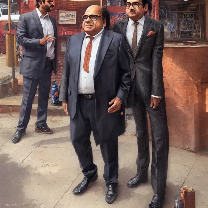 Prompt: a tall indian man in a suit and danny devito outside a bar, elegant, real life skin, intricate artwork, high detailed, artstation, concept art, smooth, sharp focus, art by artgerm and greg rutkowski