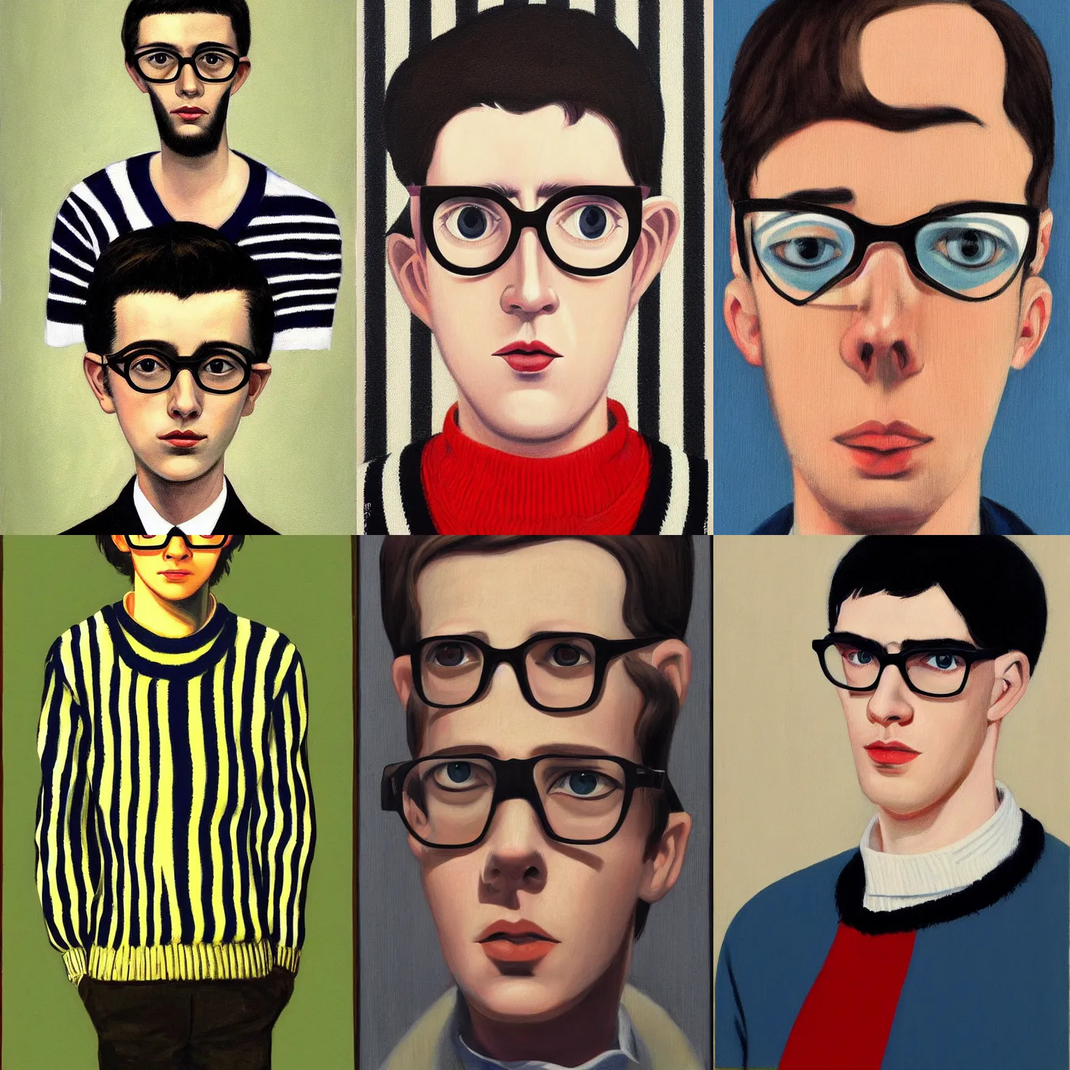 Prompt: a painting of a man wearing glasses and a striped sweater featured on deviantart by Margaret Keane 1960s ilya kuvshinov studio portrait de stijl a character portrait