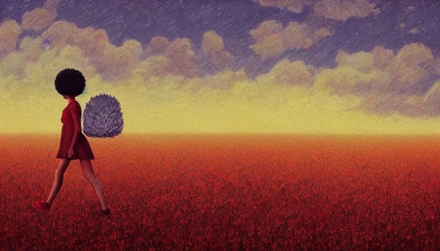 Prompt: giant red carnation afro head, full body, full body, girl walking through empty wheat field, surreal photography, forest background, sunrise dramatic light, impressionist painting, colorful clouds, digital painting, pointillism, artstation, simon stalenhag