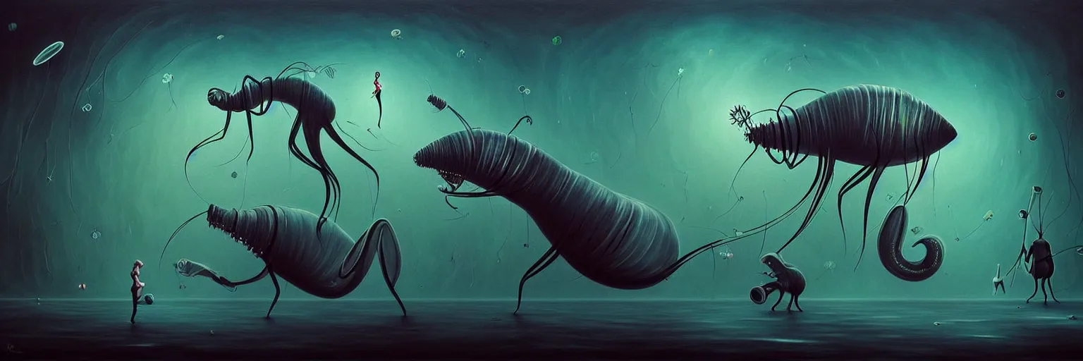 Image similar to whimsical surreal wild plankton creatures, surreal dark uncanny painting by ronny khalil