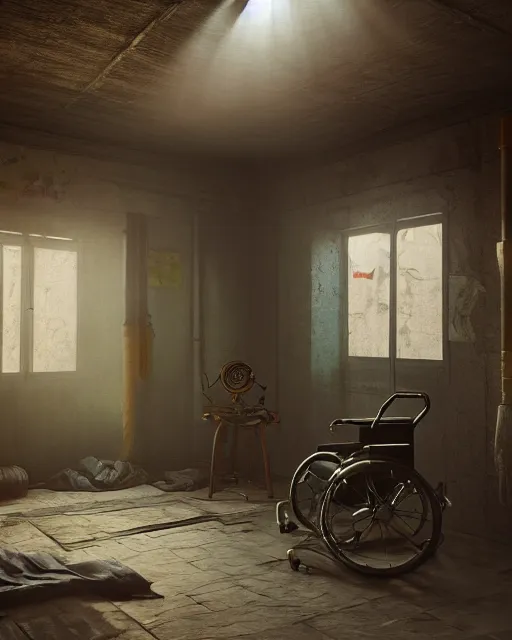 Prompt: artstation scifi scene a chinese village old ward, one ceiling fan, wheelchair, crutches, bed, dust, paneled walls, window, summer unreal engine 5, hyper realism, realistic shading, cinematic composition, blender render, octane render, hdr, detailed textures, photorealistic, wide shot