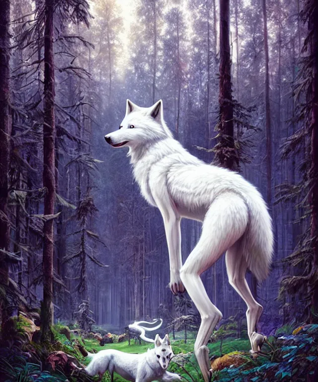 Image similar to a realistic white wolf, walking through a psychedelic forest, wide angle landscape shot, pixar style by tristan eaton, artgerm and tom bagshaw