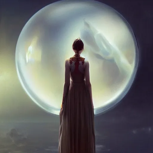 Prompt: ultra realist soft painting of a centered floating transparent glass sphere, beautiful horned female in long curvy dress background by Tom Bagshaw, reflection and refraction, symmetry accurate features, very intricate details, deep fog, , artstation