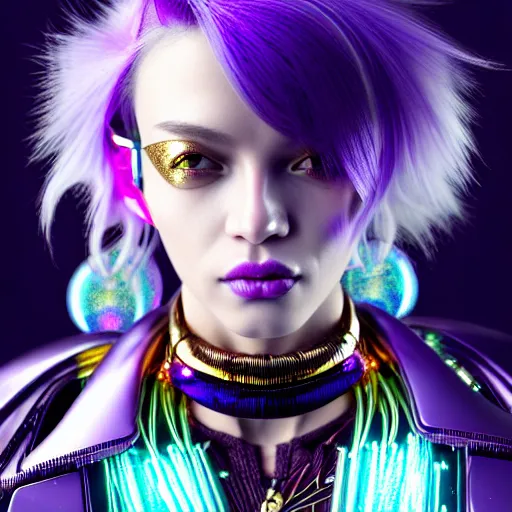 Prompt: hyperdetailed close portrait of a stunningly beautiful cyberpunk girl androgynous wizard guard made of iridescent metals and shiny purple gems, bright rainbow nimbus, transparent necklace, gold background inspired by ross tran and masamune shirow and kuvshinov, concept art, intricate, photorealistic, octane render, rtx, hdr, unreal engine, dnd digital art by artgerm