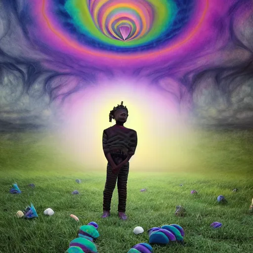 Prompt: a black boy dressed like an explorer in a field of candy, by Adi granov and afarin sajedi and amanda sage and evgeni gordiets and Agostino Arrivabene and adonna khare in a psychedelic portrait style, ultrarealistic matte painting, volumetric lighting, fractal, extremely symmetrical, highly detailed face, orisha, 8k, hd