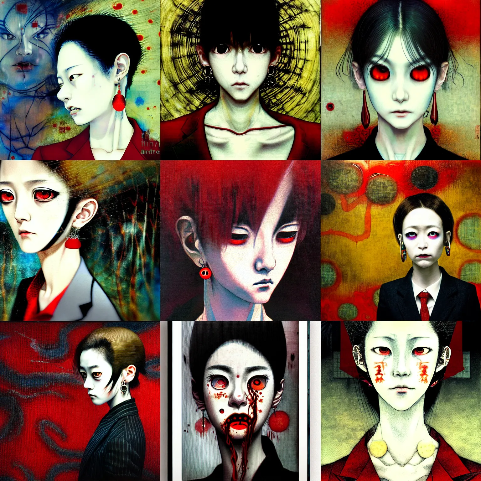 Image similar to yoshitaka amano blurred and dreamy realistic three quarter angle horror portrait of a sinister young woman with short hair, big earrings and red eyes wearing office suit with tie, junji ito abstract patterns in the background, satoshi kon anime, noisy film grain effect, highly detailed, renaissance oil painting, weird portrait angle, blurred lost edges