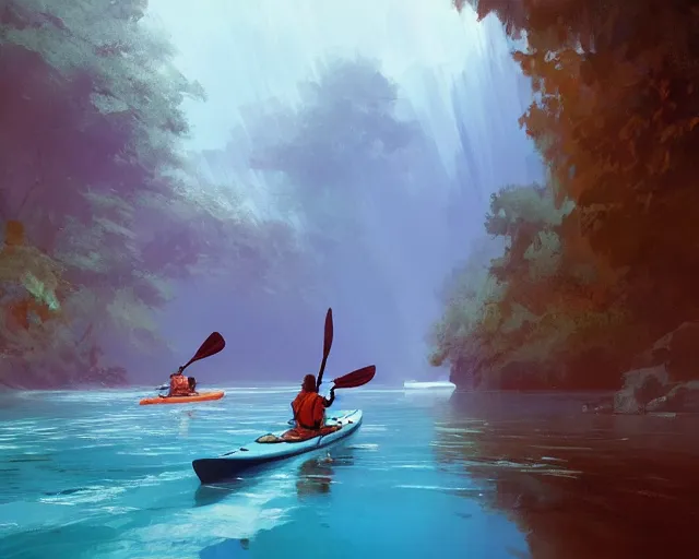 Image similar to a kayak in a river. blue water, atmospheric lighting. by makoto shinkai, stanley artgerm lau, wlop, rossdraws, james jean, andrei riabovitchev, marc simonetti, krenz cushart, sakimichan, d & d trending on artstation, digital art.