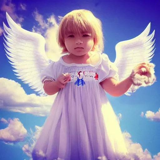 Image similar to bright blu sky. fluffy clouds. angels with big wings wake - up