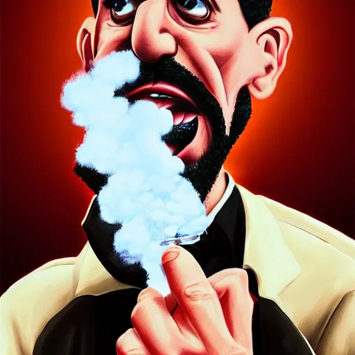 Prompt: Borat smoking a giant joint, caricature, smoke, amazing detail, digital art, artstation