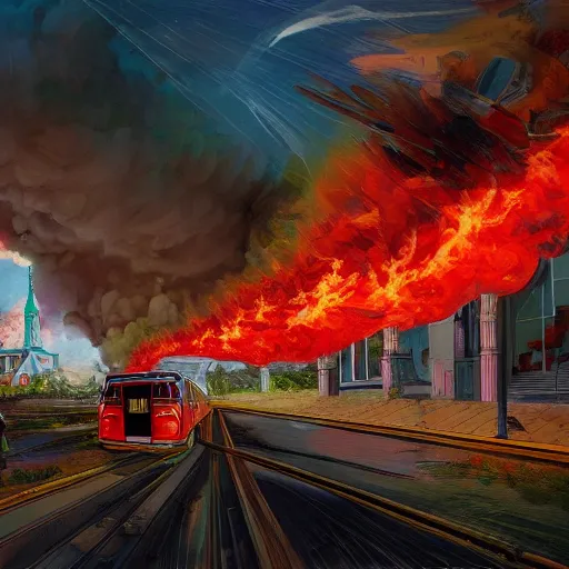 Prompt: a monorail crashing into a church, with a fire tornado, by kim jung gi, paul heaston, extremely wide angle shot, trending on art station, 4 k, vibrant lighting