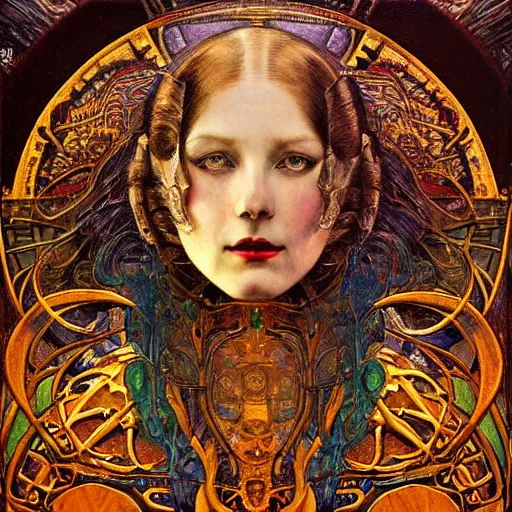 Image similar to baroque portrait of an art deco machine priestess, reflective detailed textures, highly detailed fantasy science fiction painting by annie swynnerton and jean delville and moebius, norman rockwell and william holman hunt. modern industrial shaman, rich colors, high contrast. artstation