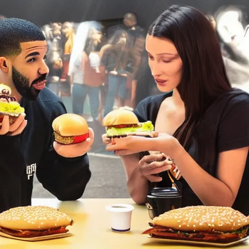 Image similar to rapper drake eating at burger king's fast food with bella hadid, photorealistic, dynamic light, ultra detailed