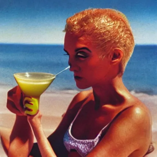 Image similar to photograph of an alien drinking martini on the beach, life magazine, 8 0 s