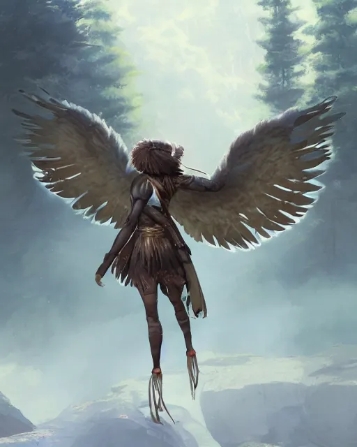 Image similar to a female anthropomorphic eagle warrior. She has two wings on her back. Her skin is covered in feathers. Forest, clearing. Full shot, wings are focus. Atmospheric lighting, By Makoto Shinkai, Stanley Artgerm Lau, WLOP, Rossdraws, James Jean, Andrei Riabovitchev, Marc Simonetti, krenz cushart, Sakimichan, D&D trending on ArtStation, digital art.