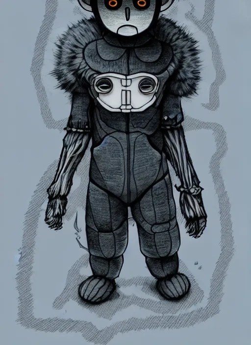 Image similar to beautiful little boy wearing an cyborg bear suit, artwork in kentaro miura and made in abyss and rosdraws, smooth, beautiful lightness, anatomically correct, trending on pixiv, forest