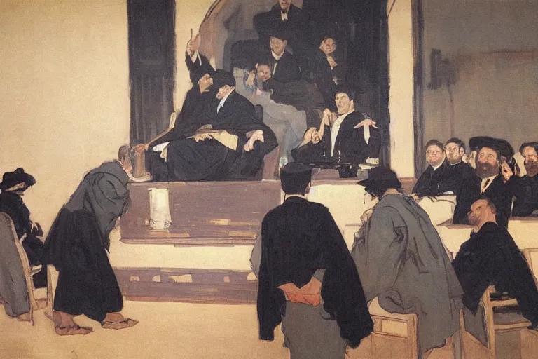 Image similar to a man in black robes interrupts a conference stage podium by joaquin sorolla, greg rutkowski, hokusai