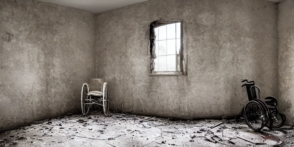 Prompt: abandoned psychiatric ward with paint peeling of the walls, dirty floor, broken wheelchair, stained bed, 1 9 0 0 s photography