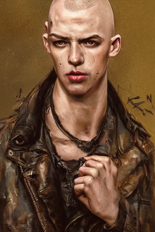 Image similar to an ugly young man, shaved head, punk, tattered leather coat, intricate, elegant, dramatic lighting, highly detailed, lifelike, photorealistic, digital painting, artstation, illustration, concept art, smooth, sharp focus, art by John Collier and Albert Aublet and Krenz Cushart and Artem Demura and Alphonse Mucha