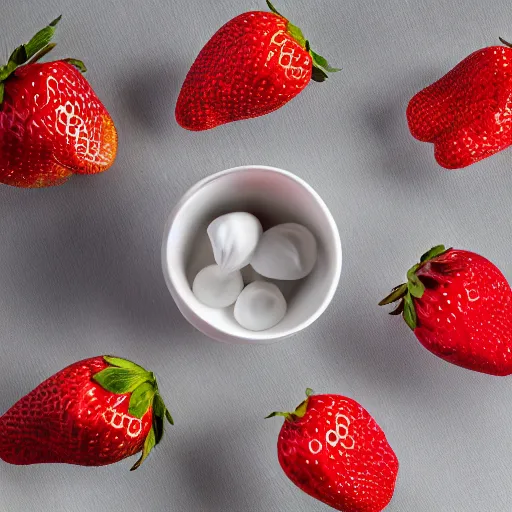 Prompt: studio fruit stage photography macro high definition staged lighting of strawberry ’ s falling into a white porcelain bowl of milk high speed photography award winning