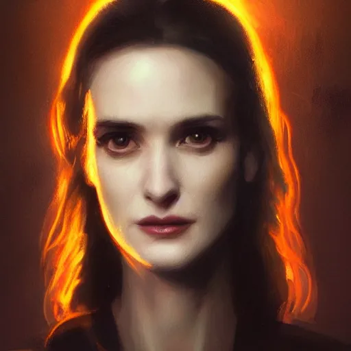 Image similar to a closeup portrait of a winona ryder, dramatic light, lake background, sunset, dark, sharp, painted by stanley lau, painted by greg rutkowski, painted by stanley artgerm, digital art, trending on artstation