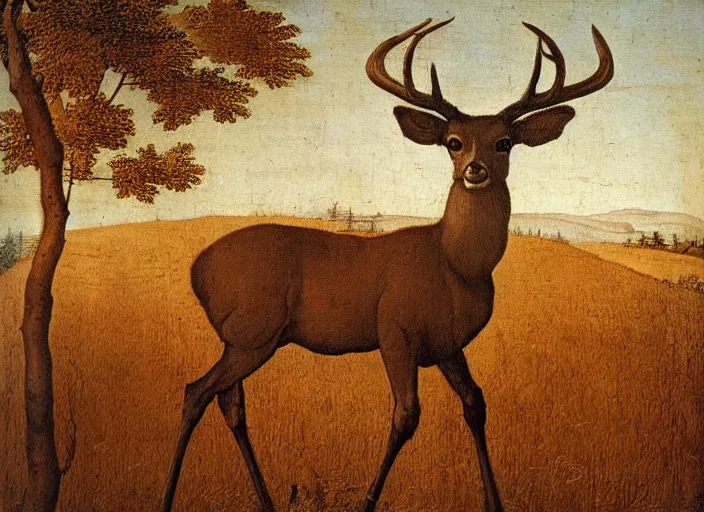 Image similar to A painting in the style Leonardo Da Vinci of a deer standing in a wheat field surrounded by a forest, very detailed, very beautiful