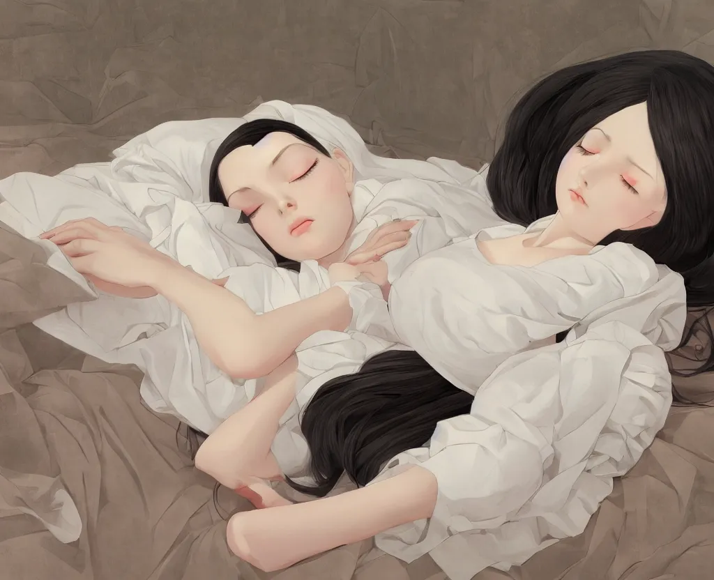 Image similar to room with an little girl with an long black hair dressed in a simple white dress sleeping, anime art style, digital art ilya kuvshinov, inspired by balthus, hd, 4 k, hyper detailed, dark, anatomically correct, angelic face