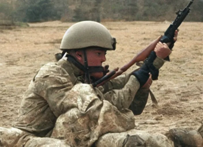 Prompt: a film still of kim kardashian as a soldier firing a rifle over a dirty trench with her top slightly open neckline. backround : warfield