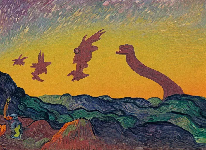 Image similar to painting of the extinction of the dinosaurs with asteroid and fire, in the style of edward hopper and vincent van gogh, dramatic lighting at dusk