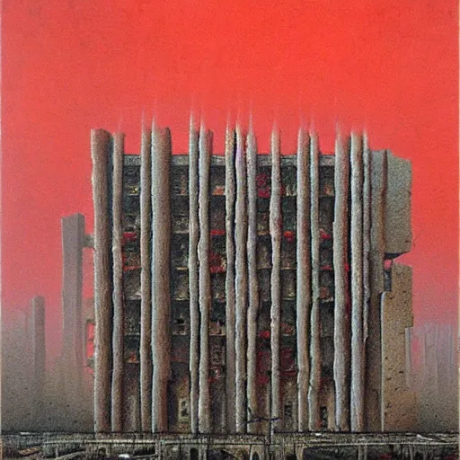 Prompt: surrealist painting of a brutalist building turning into meat, red webs, post apocalyptic, painted by beksinski