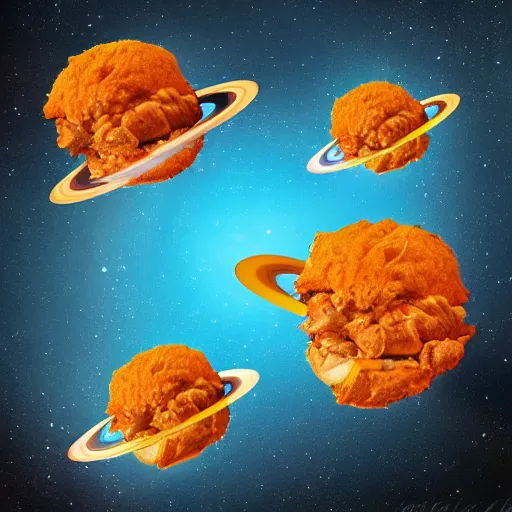 Prompt: planets orbiting around fiery fried chicken, digital art