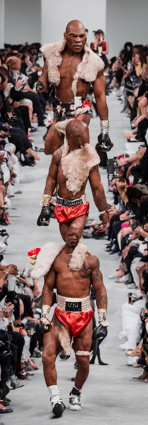 Image similar to hyperrealistic and heavy detailed 2321s runway show of mike tyson , Leica SL2 50mm, vivid color, high quality, high textured
