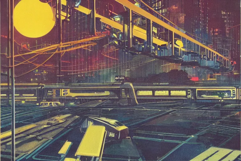 Prompt: 1 9 7 9 omni magazine cover of train bridge going above a park in osaka at night. cyberpunk style by vincent di fate