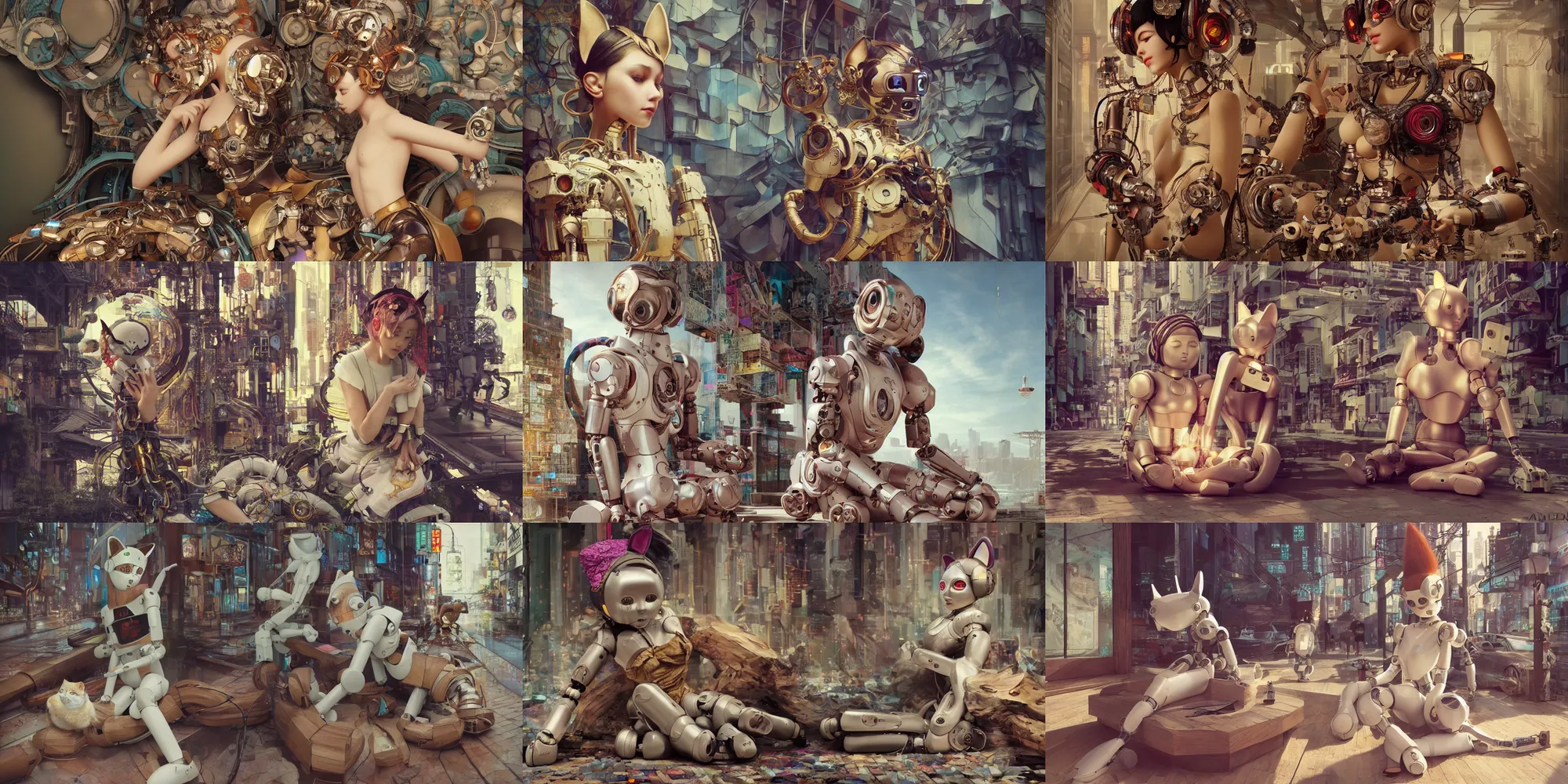 Prompt: 8k octane render photo hyper realist detailed ,a wooden sculpture art toys on feet ,very cute robot zen méditation with cat ears ,cyberpunk ,Art nouveaux ,a contemporary art gallery art by saatchi , art by Alphonse Mucha