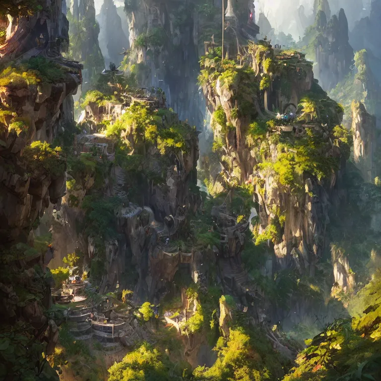 Image similar to vertical overwatch headquarters carved inside a mountain surrounding a lush garden, trimmed, magical, natural light, fantasy, sharp focus, concept art, by greg rutkowski and craig mullins, cozy atmospheric