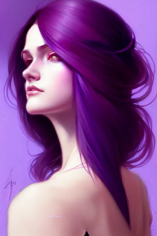 Image similar to Purple hair, creative colouring Portrait of woman, fashion, intricate, elegant, highly detailed, digital painting, artstation, concept art, smooth, sharp focus, illustration, art by artgerm and greg rutkowski and alphonse mucha