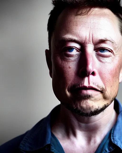 Image similar to closeup prison mugshot of elon musk, dramatic lighting, dirty business suit, low saturation, somber expression, filthy hair, rugged textured face, soft vignette, soft focus, 5 0 mm, 4 k, photograph by annie leibovitz