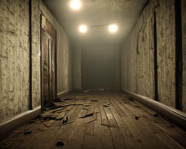 Image similar to Resident Evil 7, American gothic interior, wooden floor, atmospheric, nighttime scene, photorealistic narrow hallway with broken windows, horror