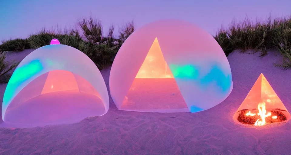 Prompt: a vintage family holiday photo of an empty beach from an alien dreamstate world with chalky pink iridescent!! sand, reflective lavender ocean water, dim bioluminescent plant life and an igloo shaped plastic transparent bell tent surrounded by holiday clutter opposite a fire pit with an iridescence blue flame. refraction, volumetric, light.